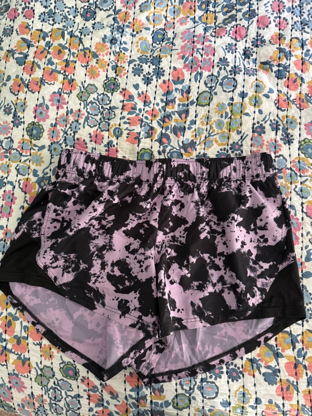 Athletic Works Black Waistband Shorts with Purple Splatter Panel, With Pockets